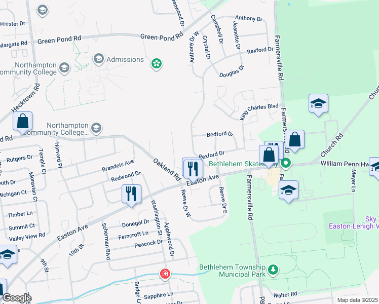 map of restaurants, bars, coffee shops, grocery stores, and more near 4137 Rexford Drive in Bethlehem