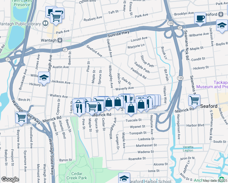 map of restaurants, bars, coffee shops, grocery stores, and more near 2139 Willoughby Avenue in Wantagh