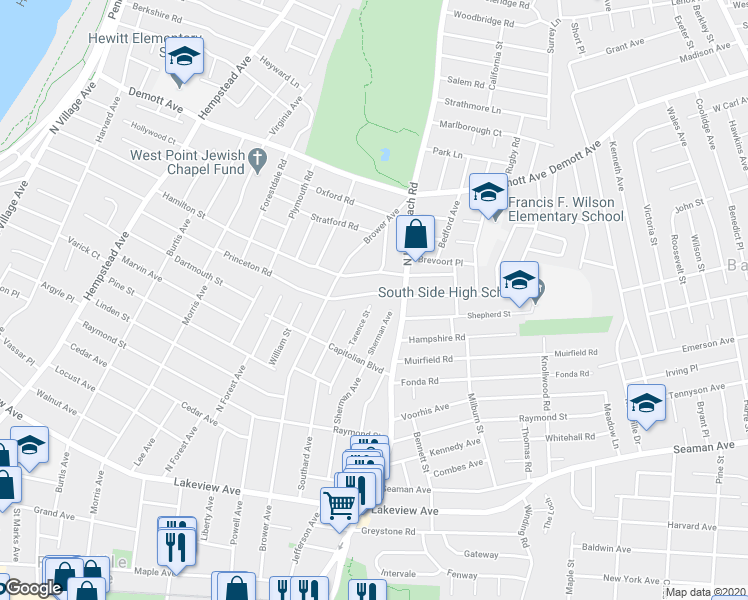 map of restaurants, bars, coffee shops, grocery stores, and more near 244 Princeton Road in Rockville Centre