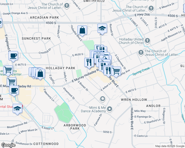 map of restaurants, bars, coffee shops, grocery stores, and more near 2237 East Murray Holladay Road in Holladay