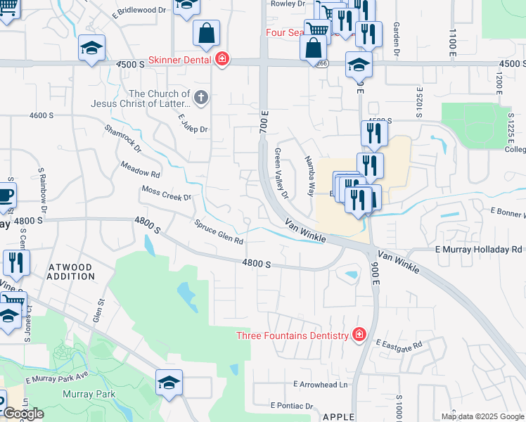map of restaurants, bars, coffee shops, grocery stores, and more near 4736 South 700 East in Murray