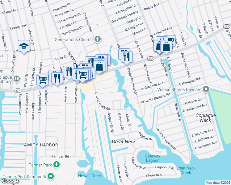map of restaurants, bars, coffee shops, grocery stores, and more near 85 Schmeelk Place in Copiague