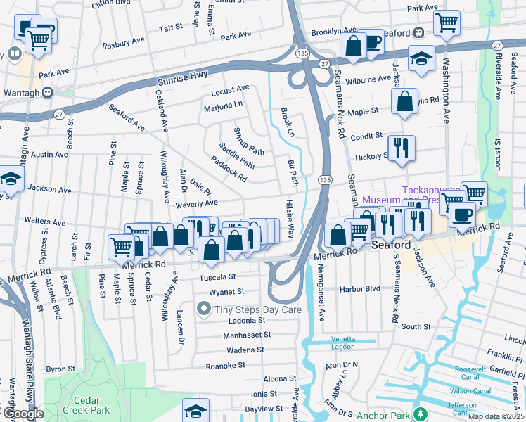 map of restaurants, bars, coffee shops, grocery stores, and more near 47 Spring Drive in Seaford
