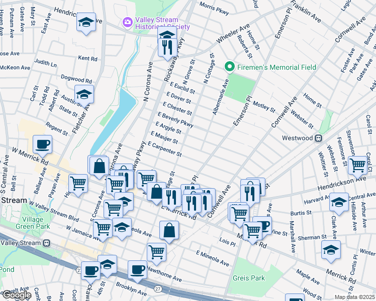 map of restaurants, bars, coffee shops, grocery stores, and more near 76 East Argyle Street in Valley Stream
