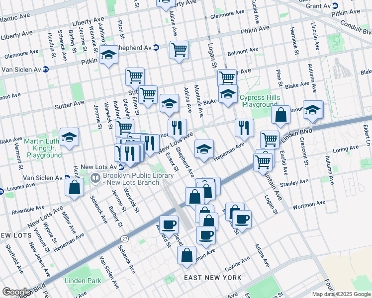map of restaurants, bars, coffee shops, grocery stores, and more near 884 New Lots Avenue in Brooklyn