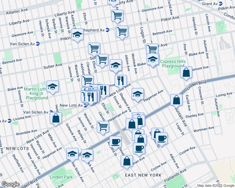 map of restaurants, bars, coffee shops, grocery stores, and more near 660 Shepherd Avenue in Brooklyn