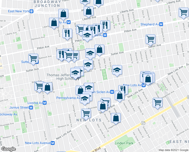 map of restaurants, bars, coffee shops, grocery stores, and more near 435 Wyona Street in Brooklyn