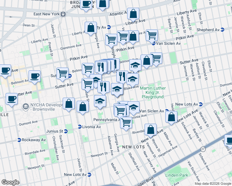 map of restaurants, bars, coffee shops, grocery stores, and more near 375 Sheffield Avenue in Brooklyn