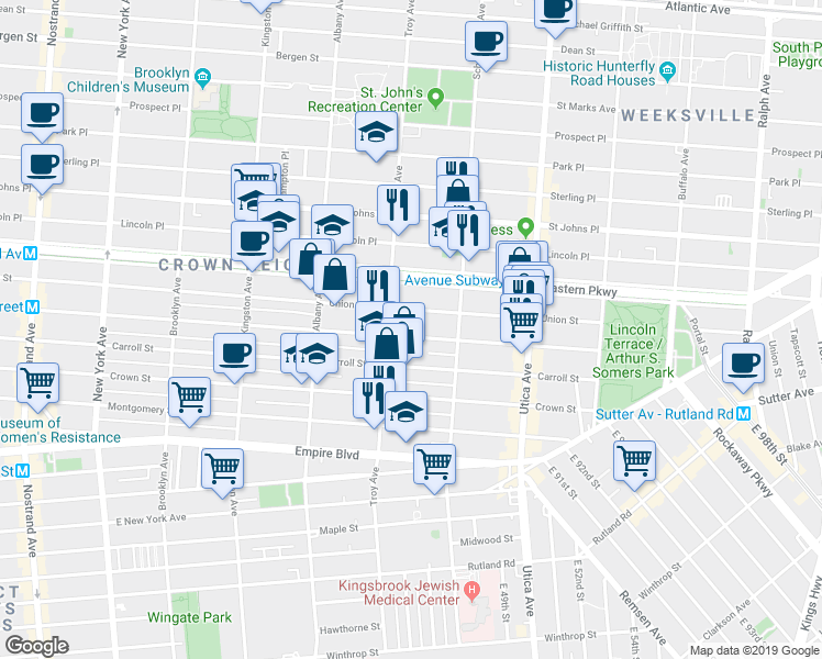 map of restaurants, bars, coffee shops, grocery stores, and more near 307 Troy Avenue in Brooklyn