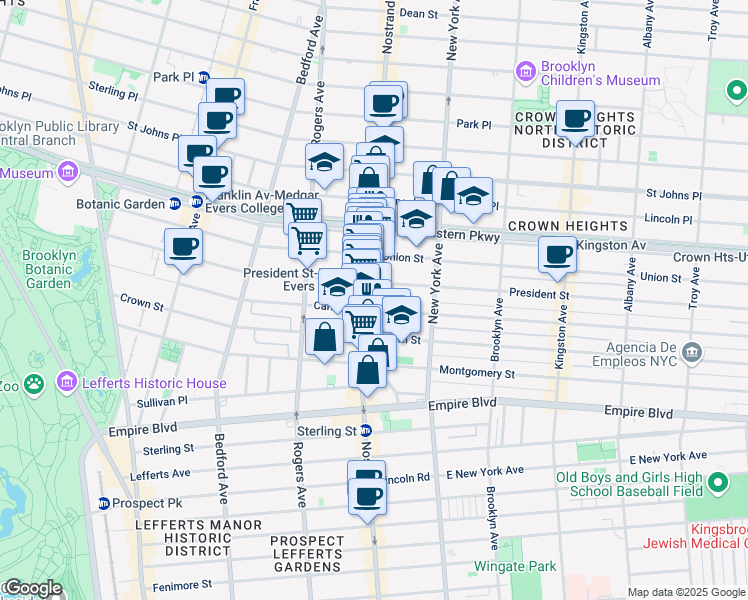 map of restaurants, bars, coffee shops, grocery stores, and more near 1212 President Street in Brooklyn