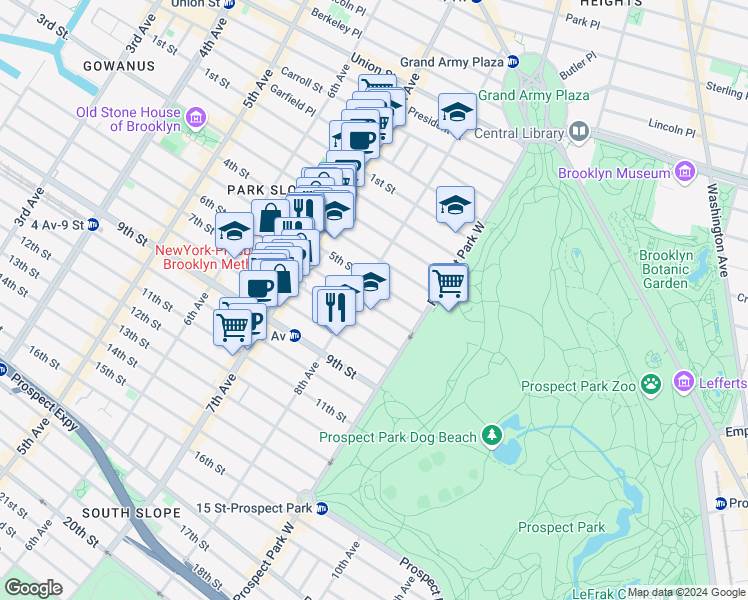 map of restaurants, bars, coffee shops, grocery stores, and more near 550 5th Street in Brooklyn