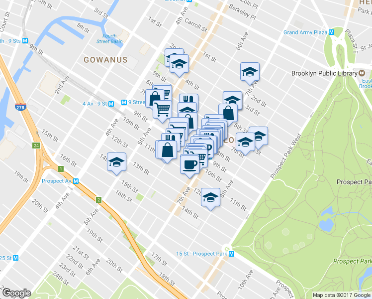 map of restaurants, bars, coffee shops, grocery stores, and more near 393 9th Street in Brooklyn