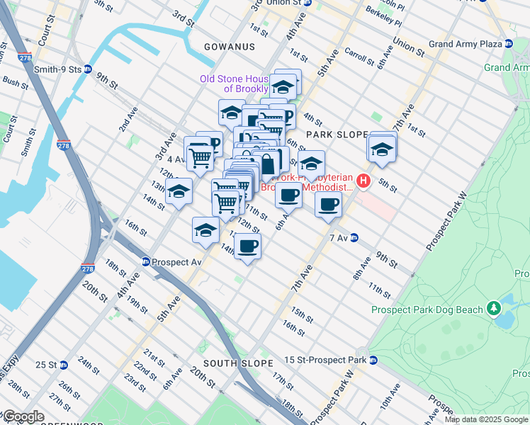 map of restaurants, bars, coffee shops, grocery stores, and more near 404 10th Street in Brooklyn