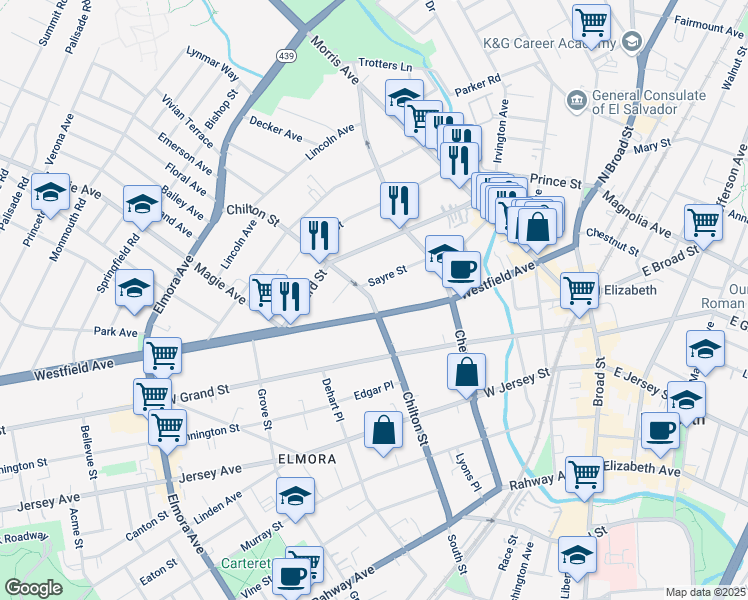 map of restaurants, bars, coffee shops, grocery stores, and more near 158 Sayre Street in Elizabeth