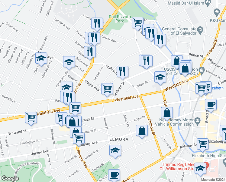 map of restaurants, bars, coffee shops, grocery stores, and more near 225 Orchard Street in Elizabeth