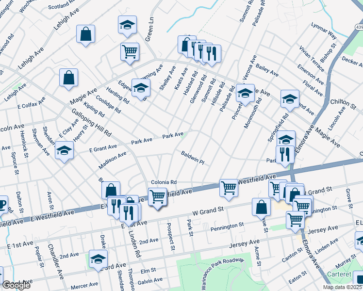 map of restaurants, bars, coffee shops, grocery stores, and more near 88 Summit Road in Elizabeth