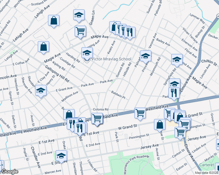 map of restaurants, bars, coffee shops, grocery stores, and more near 88 Summit Road in Elizabeth