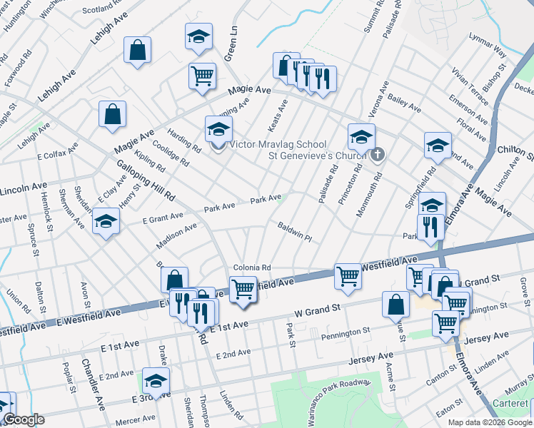 map of restaurants, bars, coffee shops, grocery stores, and more near 88 Summit Road in Elizabeth