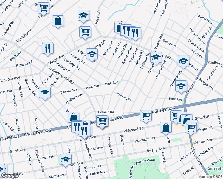 map of restaurants, bars, coffee shops, grocery stores, and more near 930 Park Avenue in Elizabeth