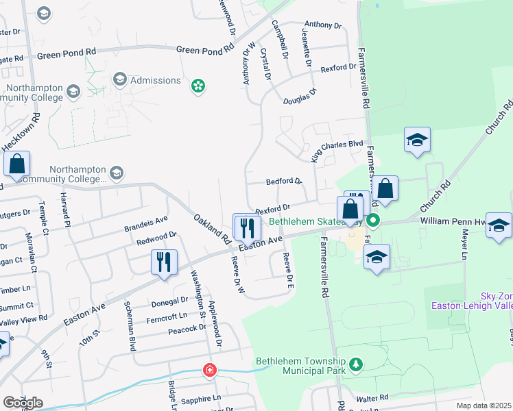 map of restaurants, bars, coffee shops, grocery stores, and more near 4137 Rexford Drive in Bethlehem