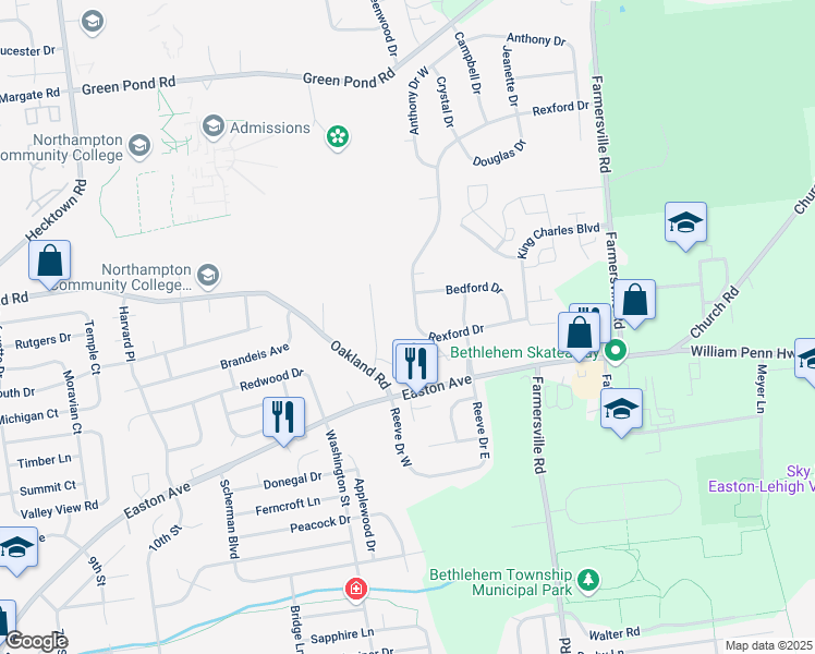 map of restaurants, bars, coffee shops, grocery stores, and more near 4137 Rexford Drive in Bethlehem