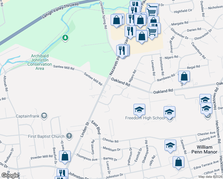map of restaurants, bars, coffee shops, grocery stores, and more near 1723 Wendy Lane in Bethlehem
