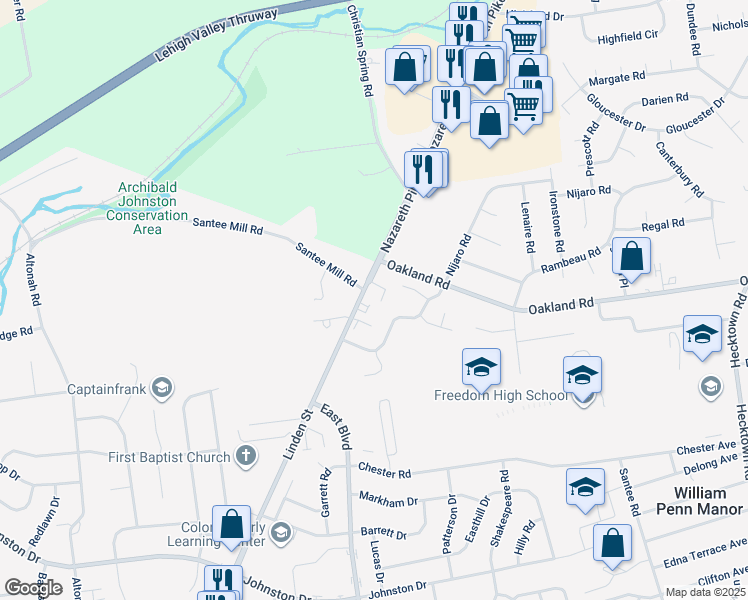 map of restaurants, bars, coffee shops, grocery stores, and more near 1723 Wendy Lane in Bethlehem