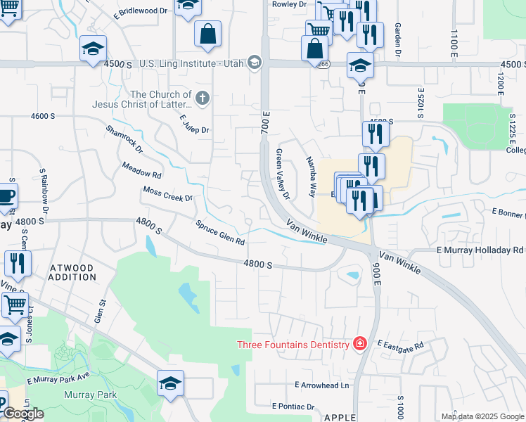 map of restaurants, bars, coffee shops, grocery stores, and more near 4742 South 700 East in Murray