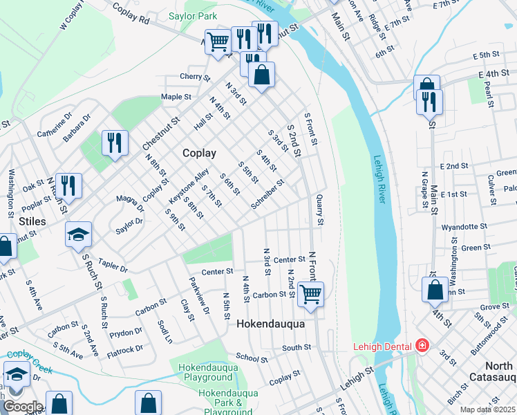 map of restaurants, bars, coffee shops, grocery stores, and more near 141 South 6th Street in Coplay
