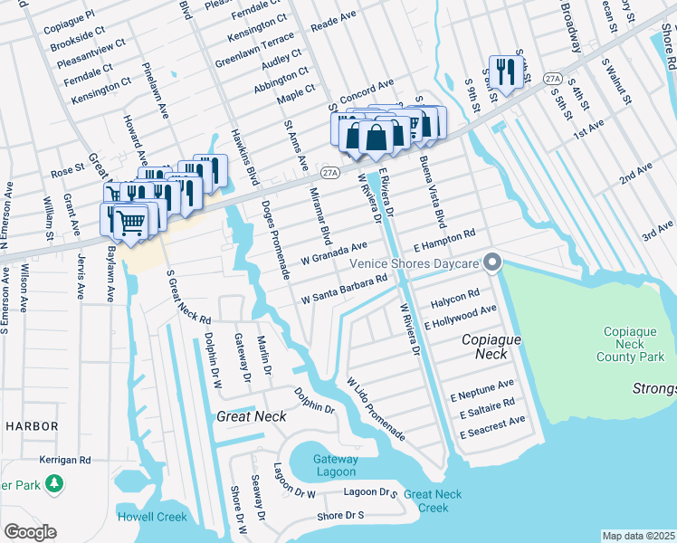 map of restaurants, bars, coffee shops, grocery stores, and more near 96 West Hampton Road in Lindenhurst