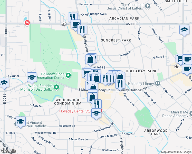 map of restaurants, bars, coffee shops, grocery stores, and more near 4711 Highland Drive in Salt Lake City