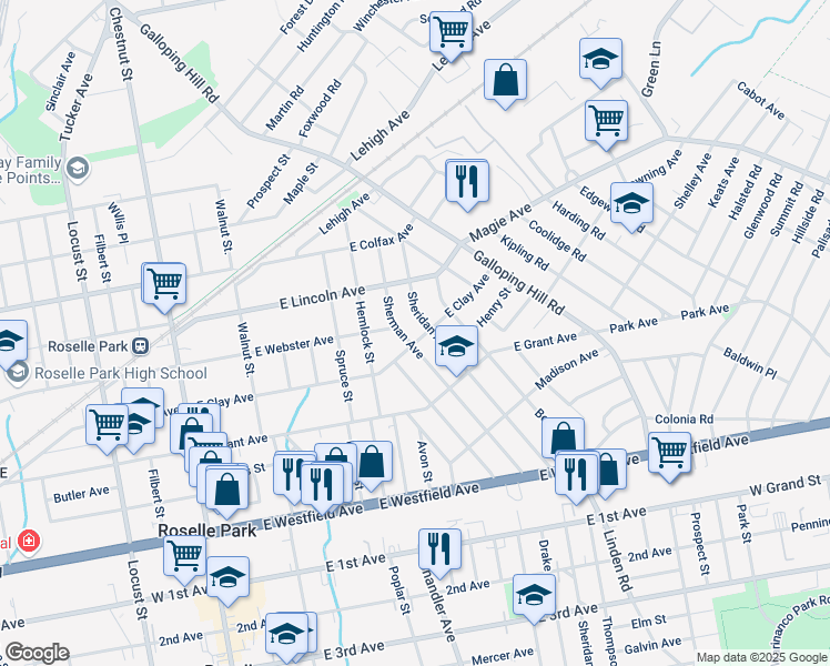 map of restaurants, bars, coffee shops, grocery stores, and more near 416 Sheridan Avenue in Roselle Park