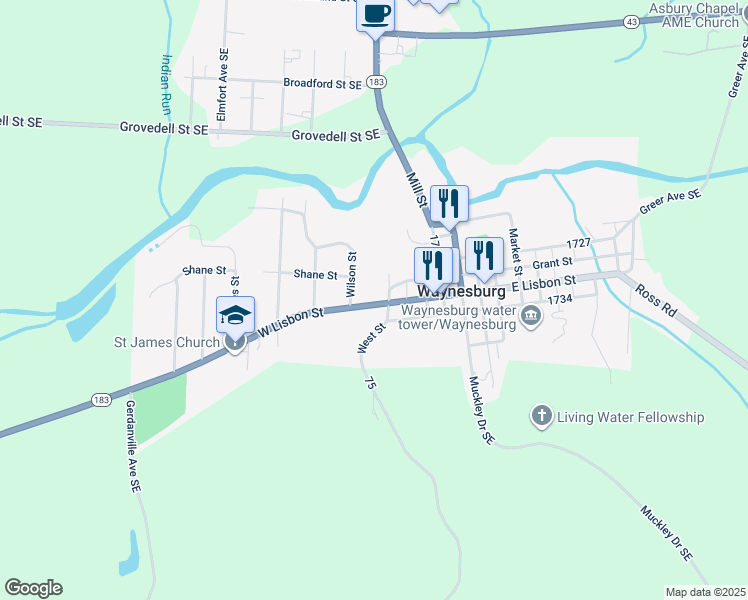 map of restaurants, bars, coffee shops, grocery stores, and more near 122 West Street in Waynesburg