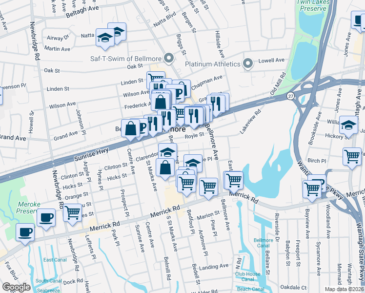 map of restaurants, bars, coffee shops, grocery stores, and more near 2752 Royle Street in Bellmore