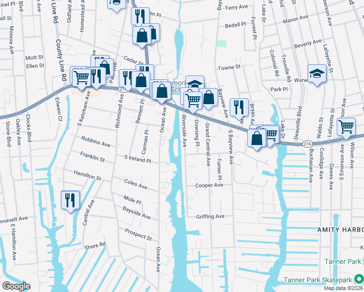 map of restaurants, bars, coffee shops, grocery stores, and more near 55 Riverside Avenue in Amityville