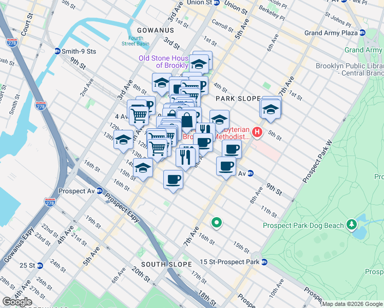 map of restaurants, bars, coffee shops, grocery stores, and more near 404 10th Street in Brooklyn