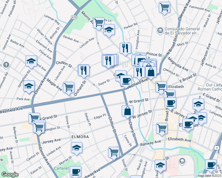 map of restaurants, bars, coffee shops, grocery stores, and more near 135 Westfield Avenue in Elizabeth