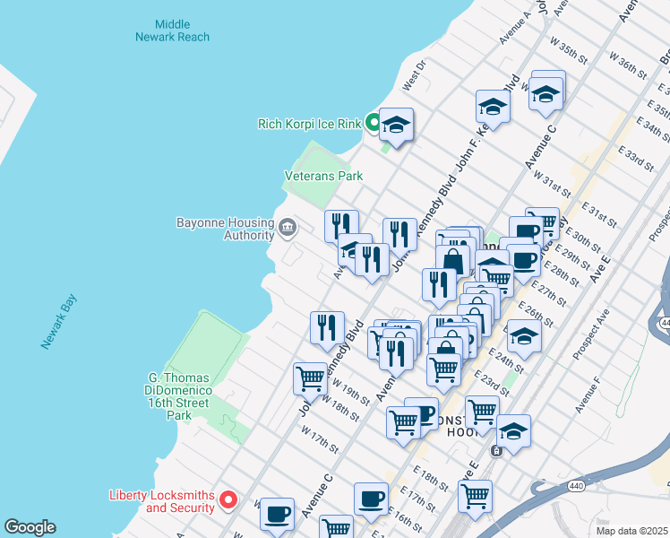 map of restaurants, bars, coffee shops, grocery stores, and more near 149 West 24th Street in Bayonne