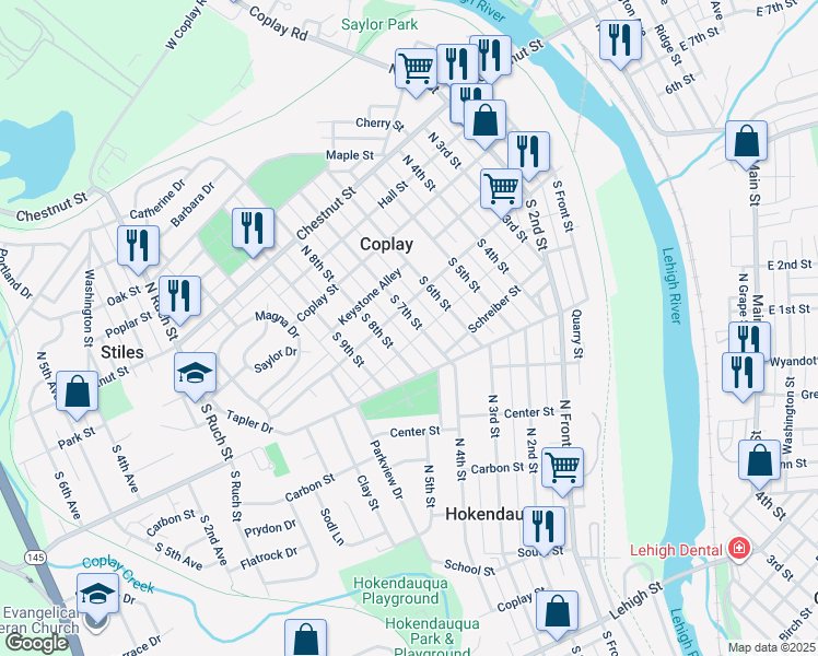 map of restaurants, bars, coffee shops, grocery stores, and more near 118 South 7th Street in Coplay