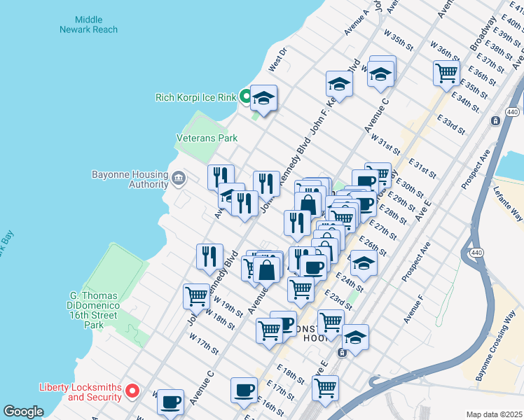 map of restaurants, bars, coffee shops, grocery stores, and more near 637 John F. Kennedy Boulevard in Bayonne