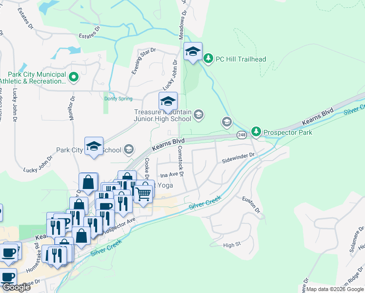 map of restaurants, bars, coffee shops, grocery stores, and more near 2338 Comstock Drive in Park City