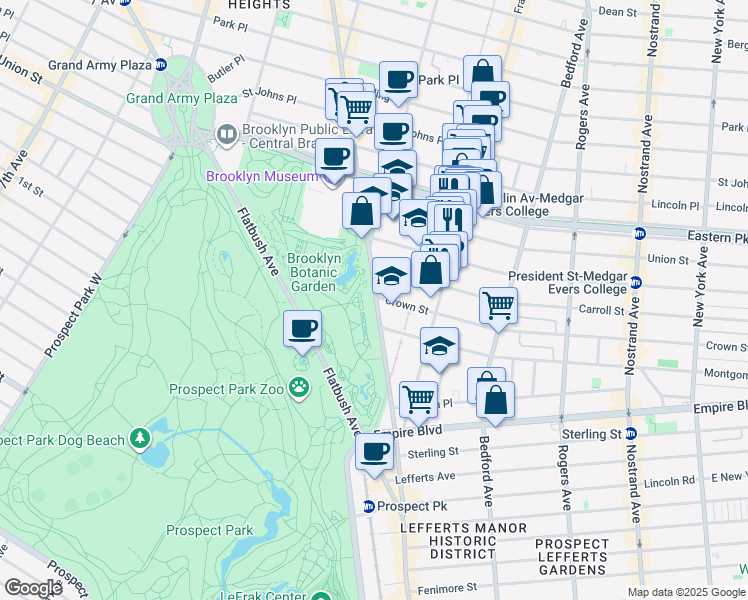 map of restaurants, bars, coffee shops, grocery stores, and more near 1000 Washington Avenue in Brooklyn
