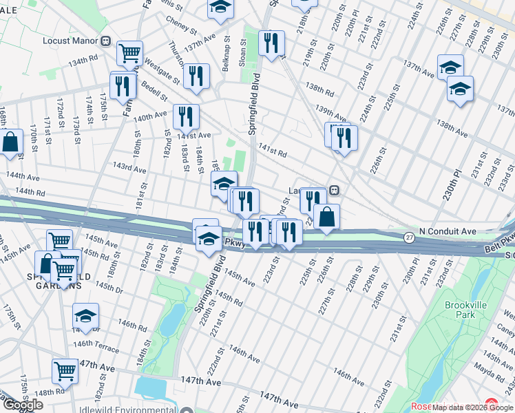 map of restaurants, bars, coffee shops, grocery stores, and more near 143-21 Springfield Boulevard in Queens