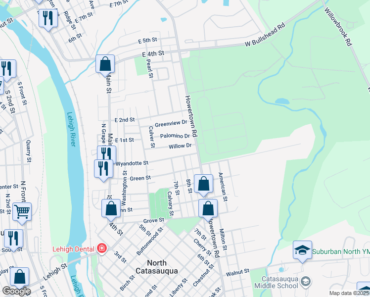 map of restaurants, bars, coffee shops, grocery stores, and more near 801 Willow Drive in Catasauqua
