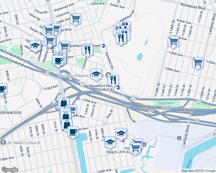 map of restaurants, bars, coffee shops, grocery stores, and more near 32 Hawtree Street in Queens