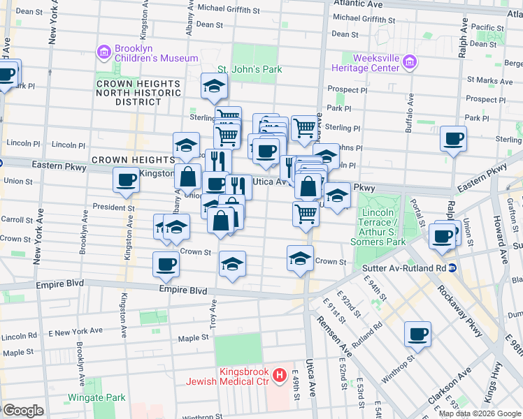 map of restaurants, bars, coffee shops, grocery stores, and more near Schenectady Avenue in Brooklyn