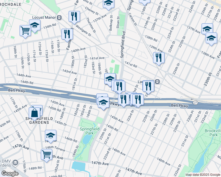 map of restaurants, bars, coffee shops, grocery stores, and more near 143-10 Springfield Boulevard in Queens