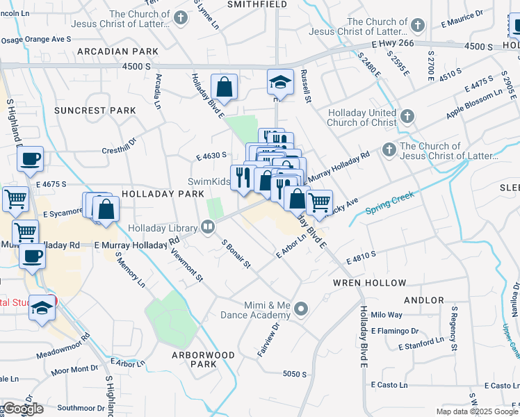 map of restaurants, bars, coffee shops, grocery stores, and more near 2250 East Murray Holladay Road in Holladay