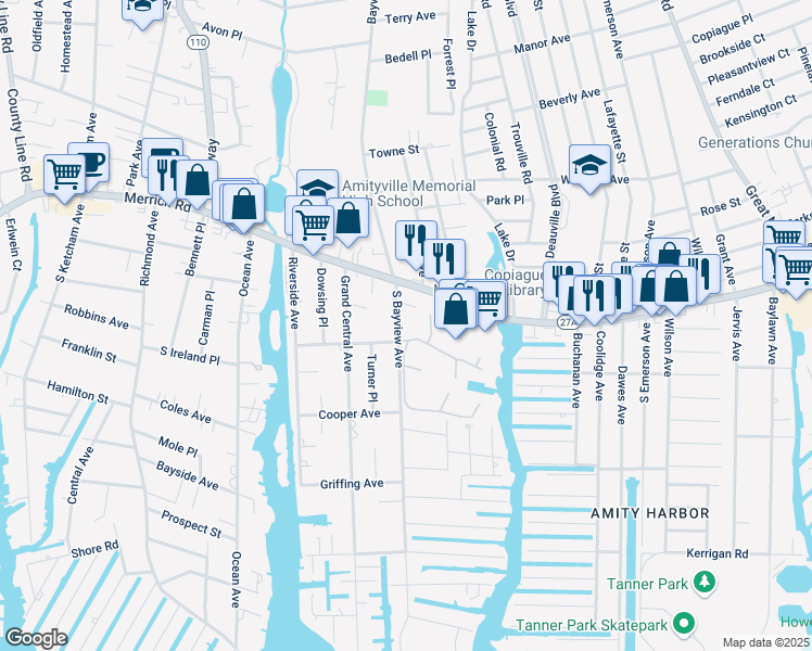 map of restaurants, bars, coffee shops, grocery stores, and more near 8 Etna Court in Amityville