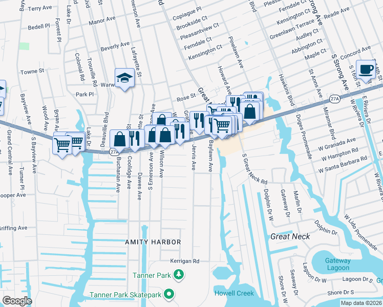 map of restaurants, bars, coffee shops, grocery stores, and more near 15 Jervis Avenue in Copiague